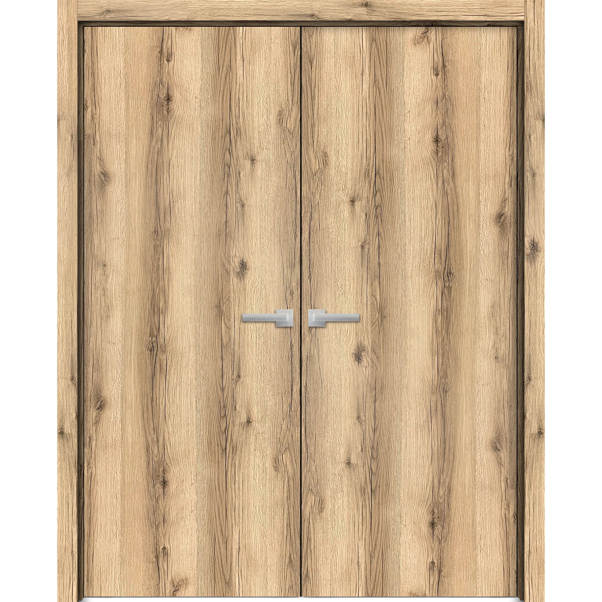 Planum Solid French Double Doors | Planum 0010 Oak | Wood Solid Panel Frame Trims | Closet Bedroom Sturdy Doors