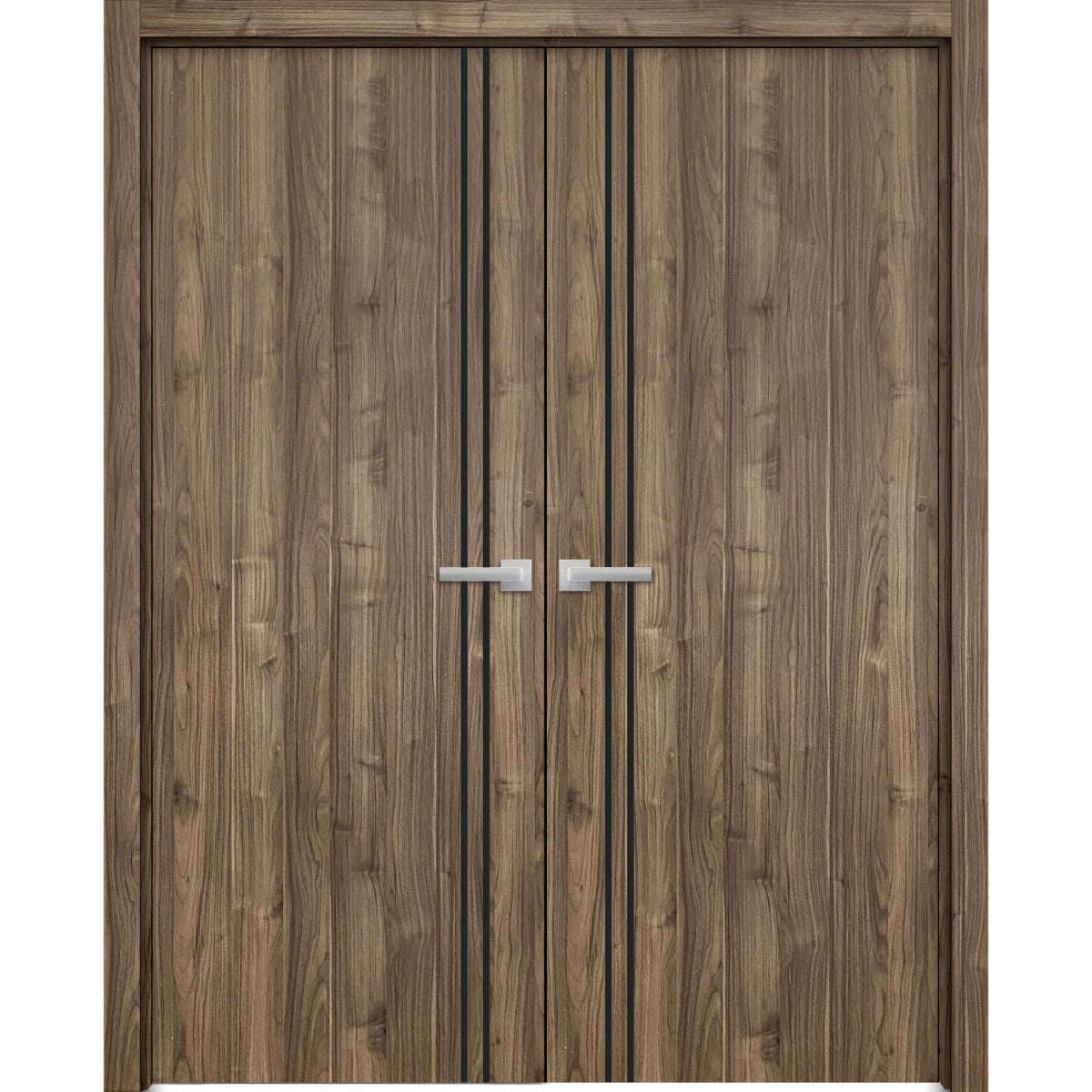Planum Solid French Double Doors | Planum 0016 Walnut | Wood Solid Panel Frame Trims | Closet Bedroom Sturdy Doors