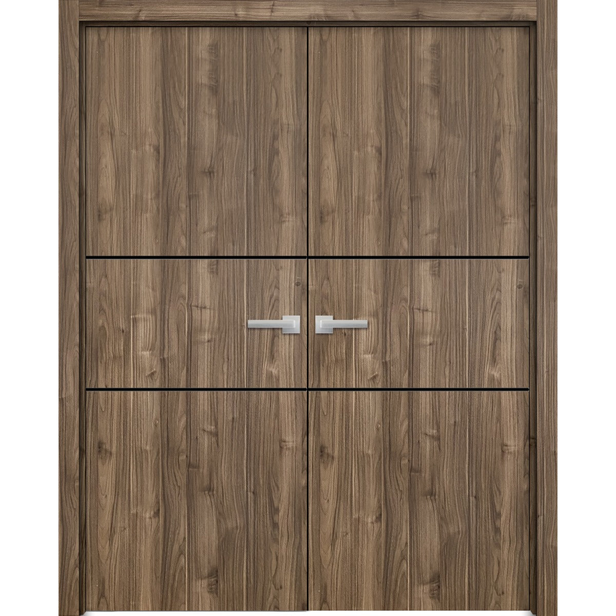 Planum Solid French Double Doors | Planum 0014 Walnut | Wood Solid Panel Frame Trims | Closet Bedroom Sturdy Doors