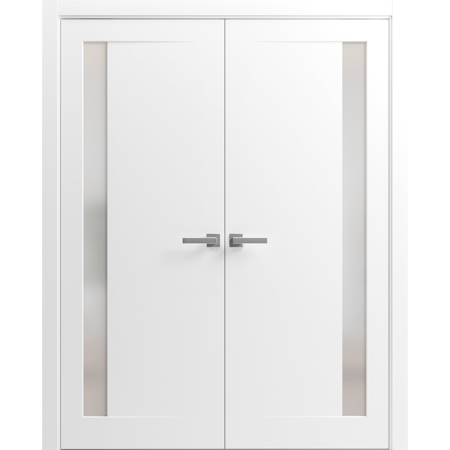 Planum Solid French Double Doors | Planum 0660 Painted White with Frosted Glass | Wood Solid Panel Frame Trims | Closet Bedroom Sturdy Doors