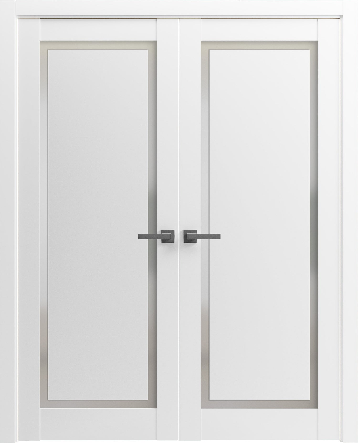 Solid French Double Doors | Planum 0888 Painted White with Frosted Glass | Wood Solid Panel Frame Trims | Closet Bedroom Sturdy Doors