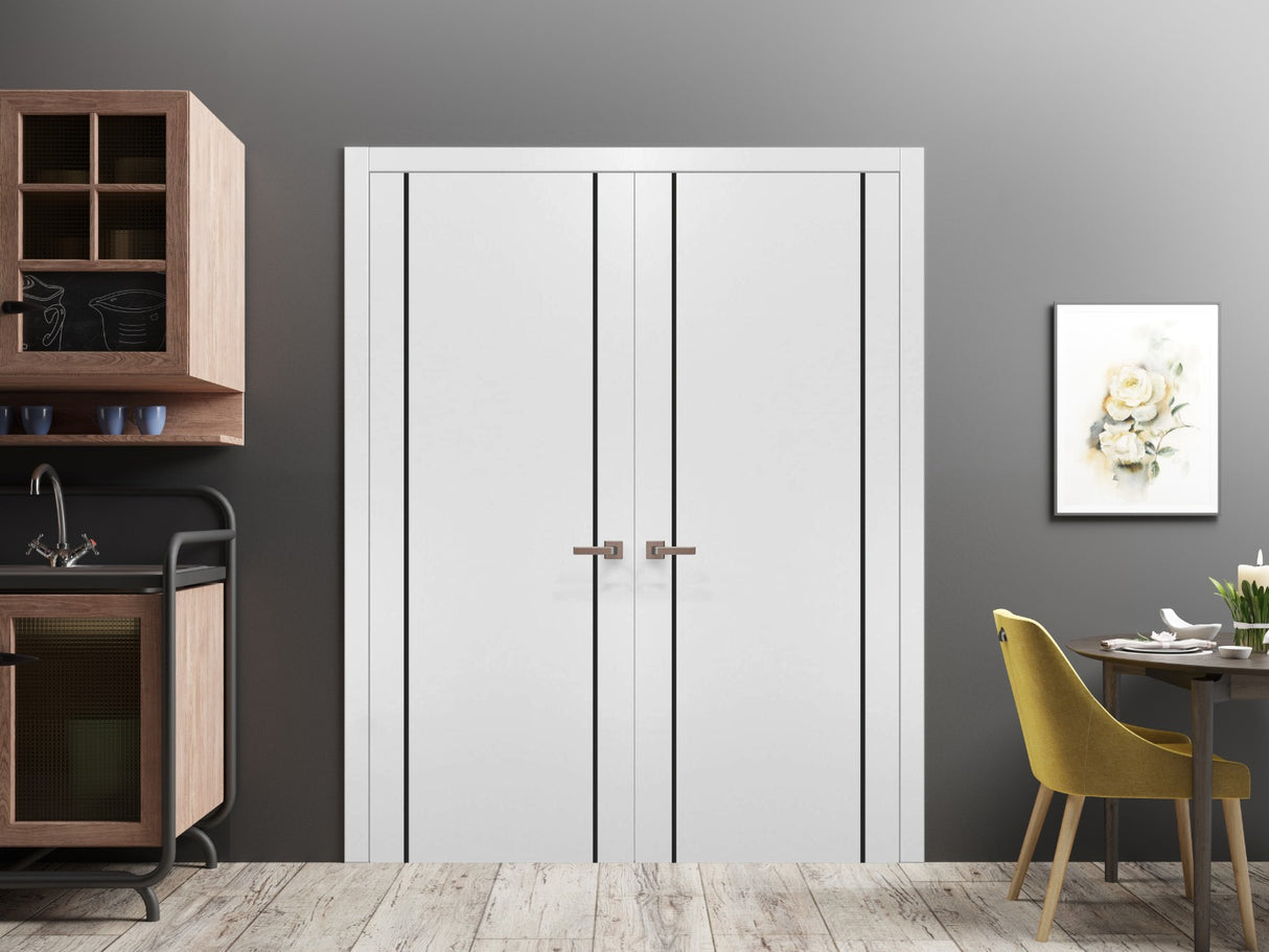 Solid French Double Doors | Planum 0017 White Silk | Wood Solid Panel Frame Trims | Closet Bedroom