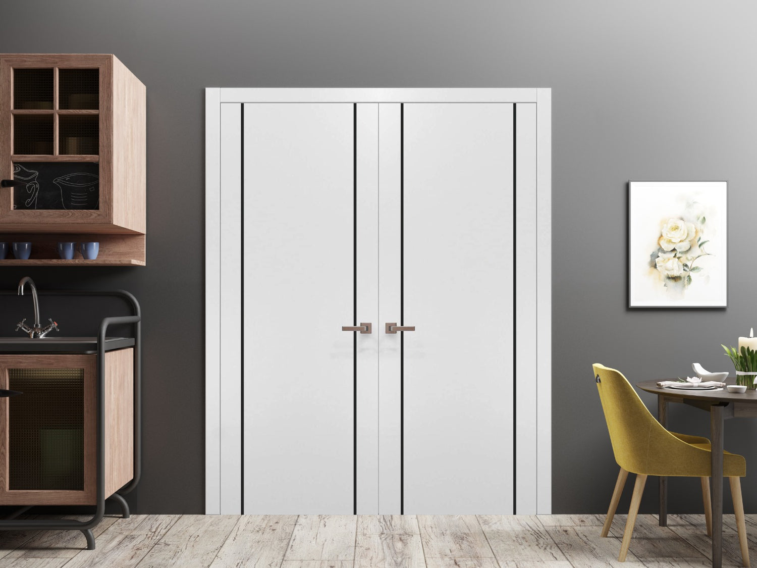 Solid French Double Doors | Planum 0017 White Silk | Wood Solid Panel Frame Trims | Closet Bedroom