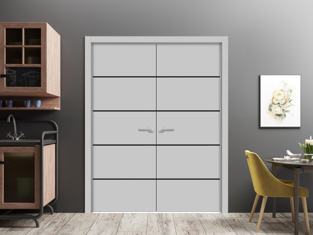Planum Solid French Double Doors | Planum 0015 Matte Grey | Wood Solid Panel Frame Trims | Closet Bedroom Sturdy Doors