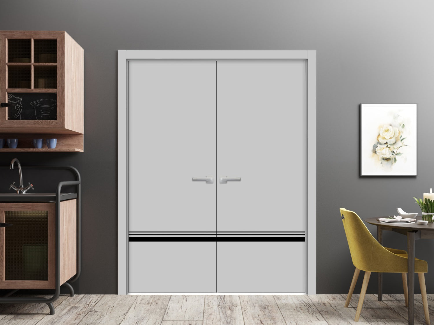 Planum Solid French Double Doors | Planum 0012 Matte Grey | Wood Solid Panel Frame Trims | Closet Bedroom Sturdy Doors