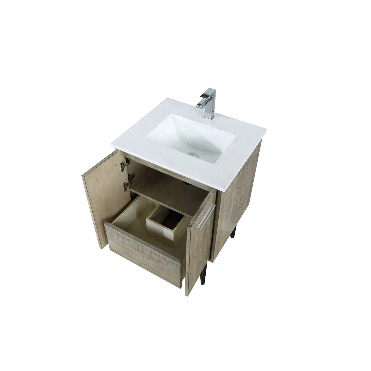 Lancy 24 in. Rustic Acacia Freestanding Bathroom Vanity with White Quartz Top, White Square Sink, and Monte Chrome Faucet Set