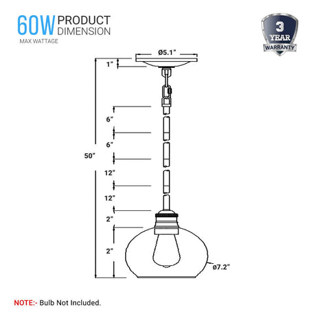 1 - Light Clear Glass Pendant Lighting Fixture with Brushed Nickel Finish, E26 Base, UL Listed for Damp Location - BUILDMYPLACE