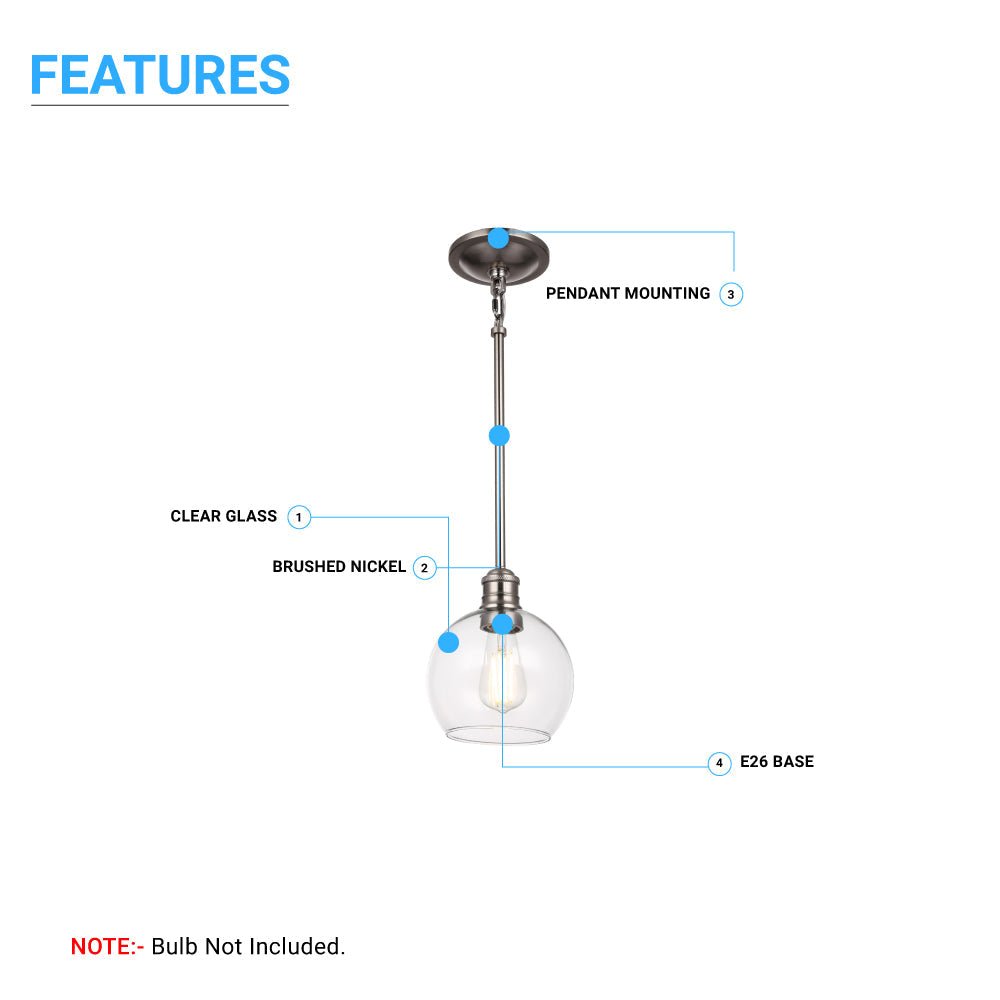 1 - Light Clear Glass Pendant Lighting Fixture with Brushed Nickel Finish, E26 Base, UL Listed for Damp Location - BUILDMYPLACE
