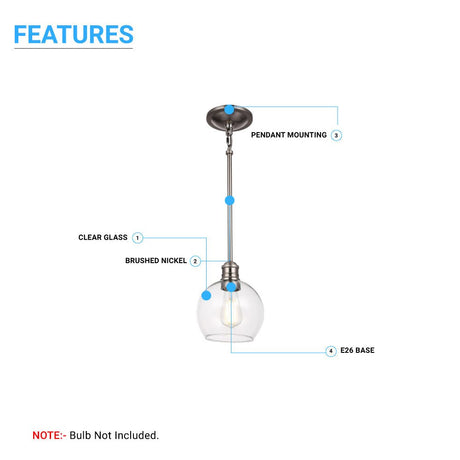 1 - Light Clear Glass Pendant Lighting Fixture with Brushed Nickel Finish, E26 Base, UL Listed for Damp Location - BUILDMYPLACE
