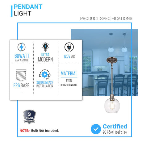 1 - Light Clear Glass Pendant Lighting Fixture with Brushed Nickel Finish, E26 Base, UL Listed for Damp Location - BUILDMYPLACE