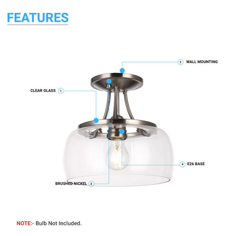 1 - Light Clear Glass Semi Flush Mount Light, Brushed Nickel Ceiling Light, E26 Base, UL Listed for Damp Location, 3 Years Warranty - BUILDMYPLACE