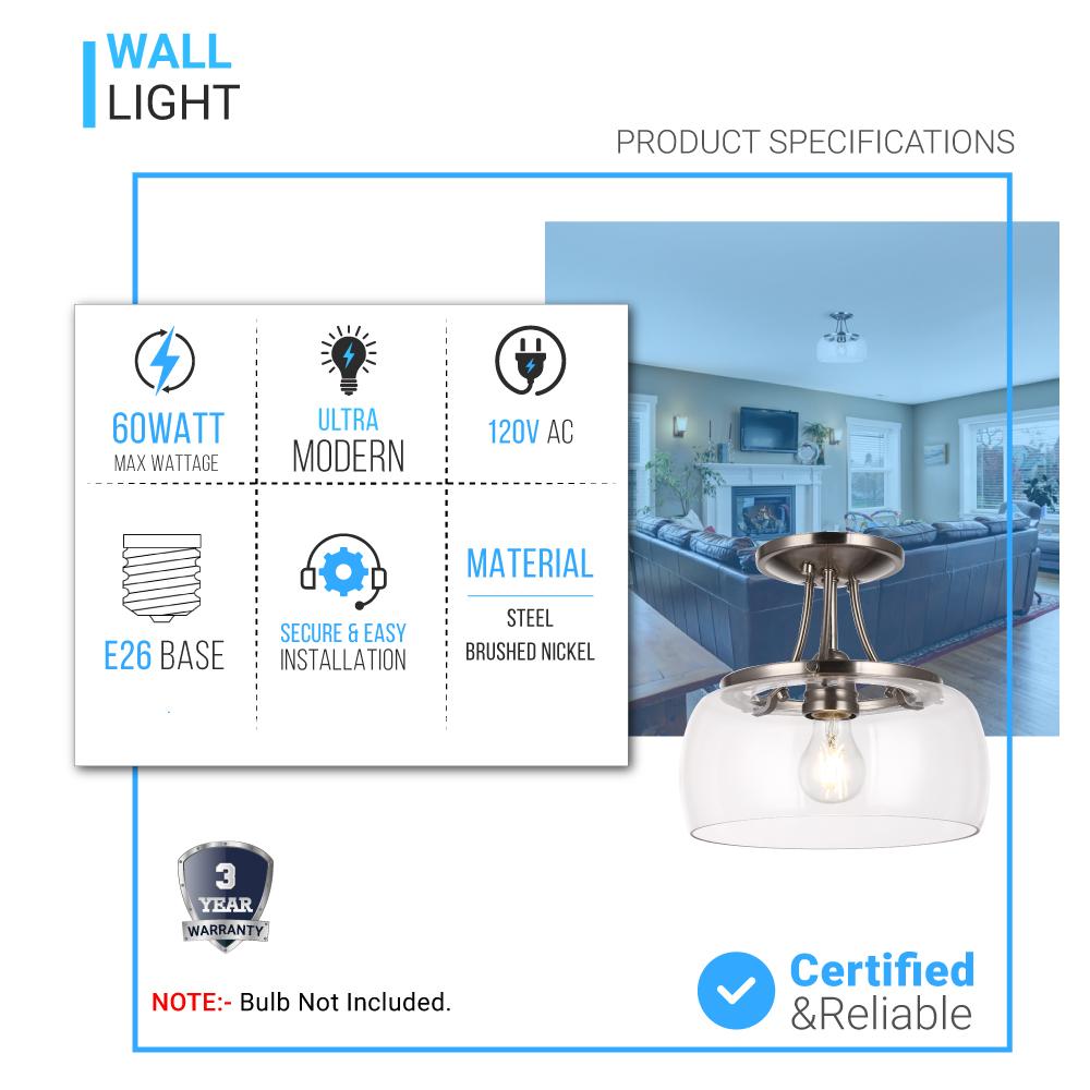 1 - Light Clear Glass Semi Flush Mount Light, Brushed Nickel Ceiling Light, E26 Base, UL Listed for Damp Location, 3 Years Warranty - BUILDMYPLACE