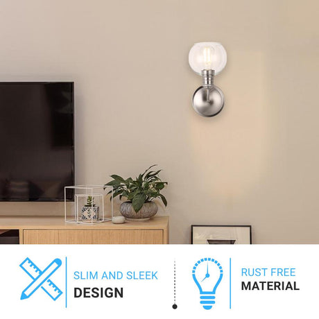 1 - Light Dome Shape Wall Sconce Light with Clear Glass, Brushed Nickel Finish, E26 Base, UL Listed for Damp Location, 3 Years Warranty - BUILDMYPLACE