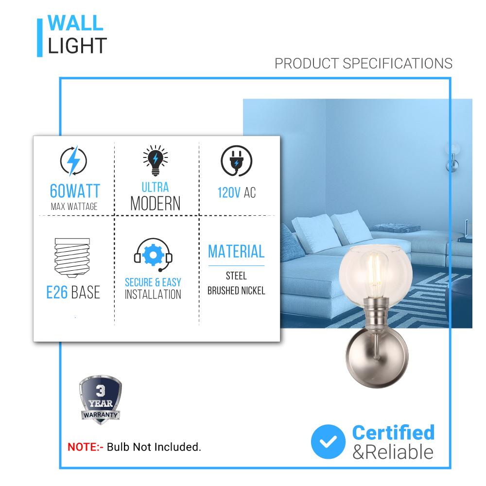 1 - Light Dome Shape Wall Sconce Light with Clear Glass, Brushed Nickel Finish, E26 Base, UL Listed for Damp Location, 3 Years Warranty - BUILDMYPLACE