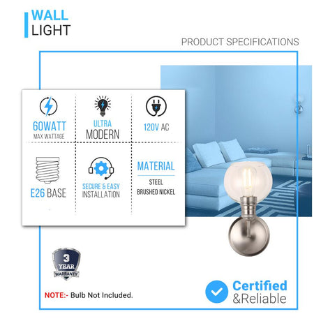 1 - Light Dome Shape Wall Sconce Light with Clear Glass, Brushed Nickel Finish, E26 Base, UL Listed for Damp Location, 3 Years Warranty - BUILDMYPLACE