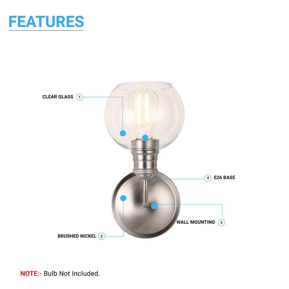 1 - Light Dome Shape Wall Sconce Light with Clear Glass, Brushed Nickel Finish, E26 Base, UL Listed for Damp Location, 3 Years Warranty - BUILDMYPLACE