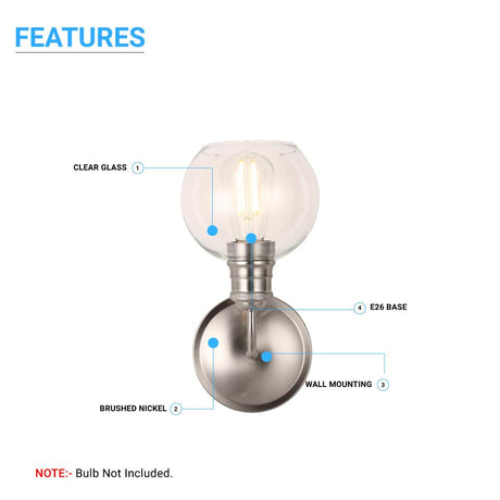 1 - Light Dome Shape Wall Sconce Light with Clear Glass, Brushed Nickel Finish, E26 Base, UL Listed for Damp Location, 3 Years Warranty - BUILDMYPLACE