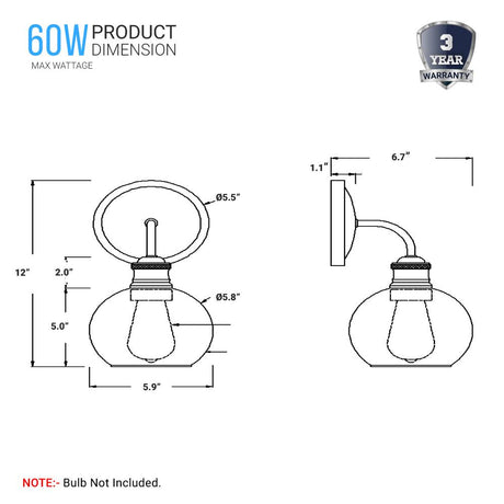 1 - Light Dome Shape Wall Sconce Light with Clear Glass, Brushed Nickel Finish, E26 Base, UL Listed for Damp Location, 3 Years Warranty - BUILDMYPLACE