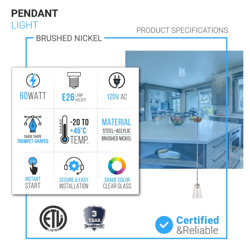 1 - Light Flared Shape Pendant Lighting Fixture with Clear Glass Shade, E26 Base, UL Listed for Damp Location - BUILDMYPLACE