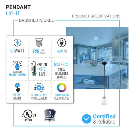 1 - Light Flared Shape Pendant Lighting Fixture with Clear Glass Shade, E26 Base, UL Listed for Damp Location - BUILDMYPLACE