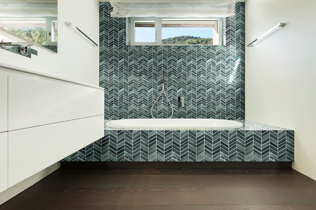 10" X 11" Midnight Blue Ombre' Chevron Glass Mosaic Tile (12.15SQ FT/CTN) - BUILDMYPLACE