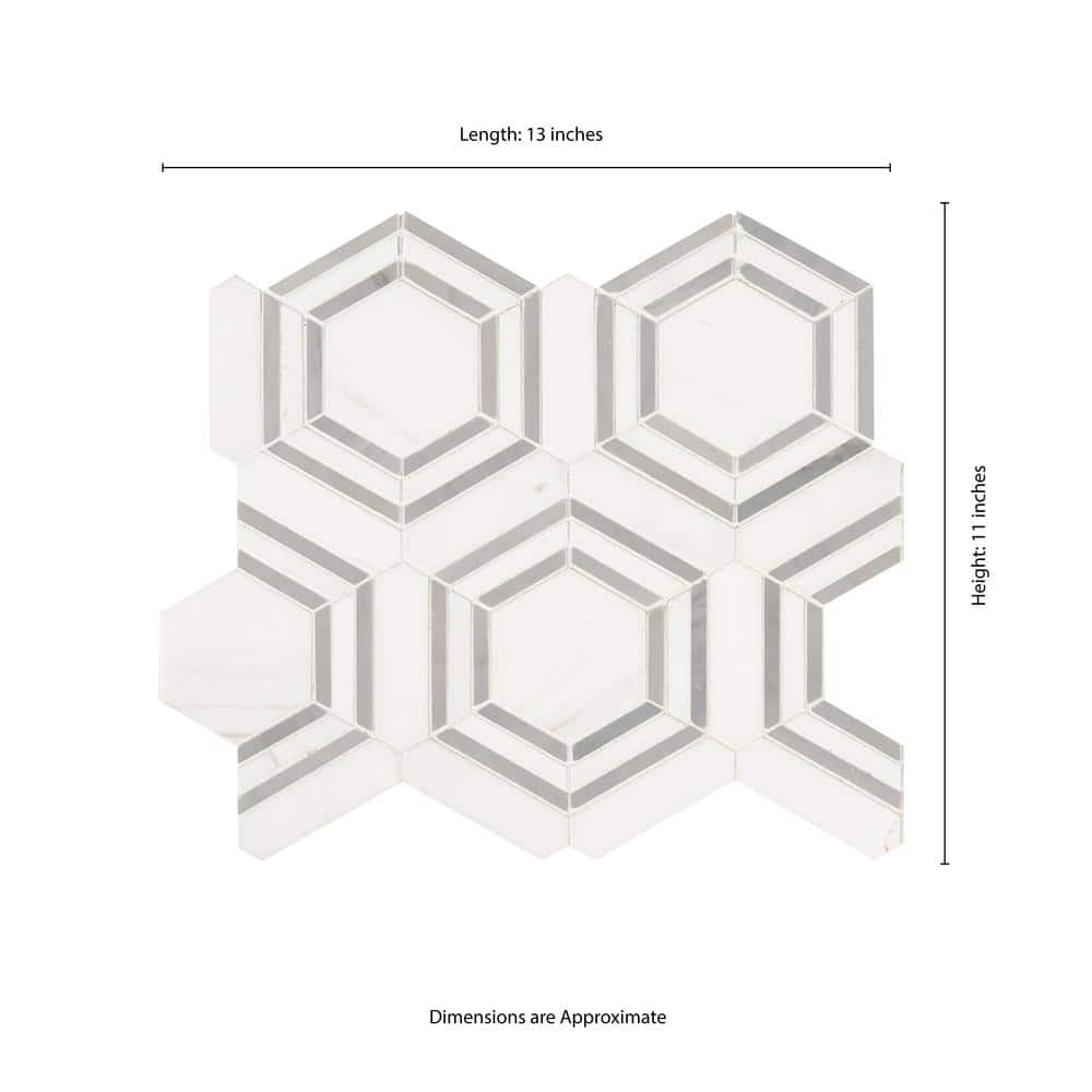 11" X 13" Georama Grigio Polished White Marble Hexagon Floor and Wall Mosaic Tile (9.9SQ FT/CTN) - BUILDMYPLACE