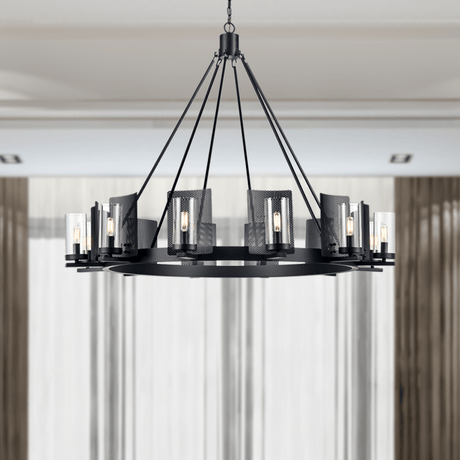 12 - Light Ring Chandelier Ceiling Light in Matte Black Finish with Clear Glass, Diam 50" Height 39", 120V, Bulb Type B10, Socket Type E12, Max wattage Per Socket 60W - BUILDMYPLACE