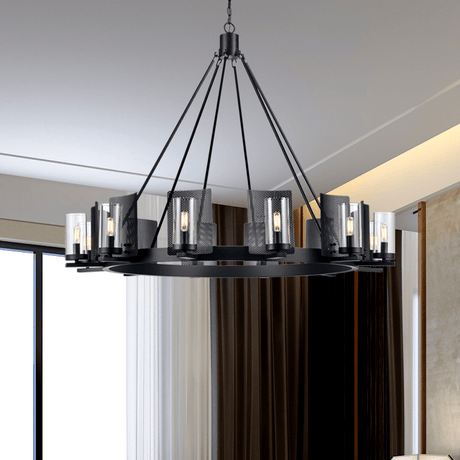 12 - Light Ring Chandelier Ceiling Light in Matte Black Finish with Clear Glass, Diam 50" Height 39", 120V, Bulb Type B10, Socket Type E12, Max wattage Per Socket 60W - BUILDMYPLACE