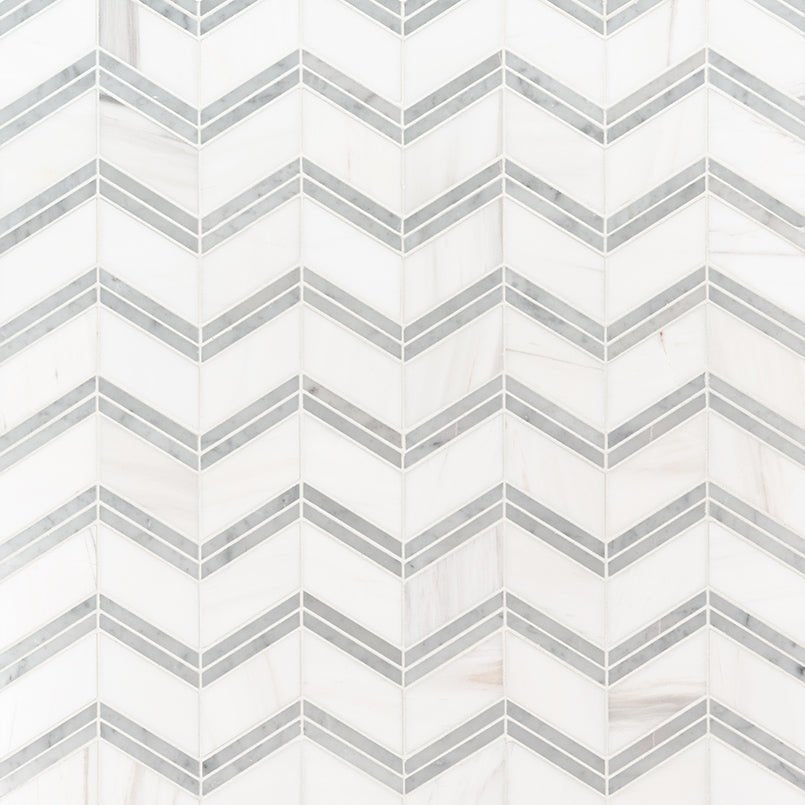 12" X 12" Bianco Dolomite Chevron Polished Chevron Mosaic Sheet (10SQ FT/CTN) - BUILDMYPLACE