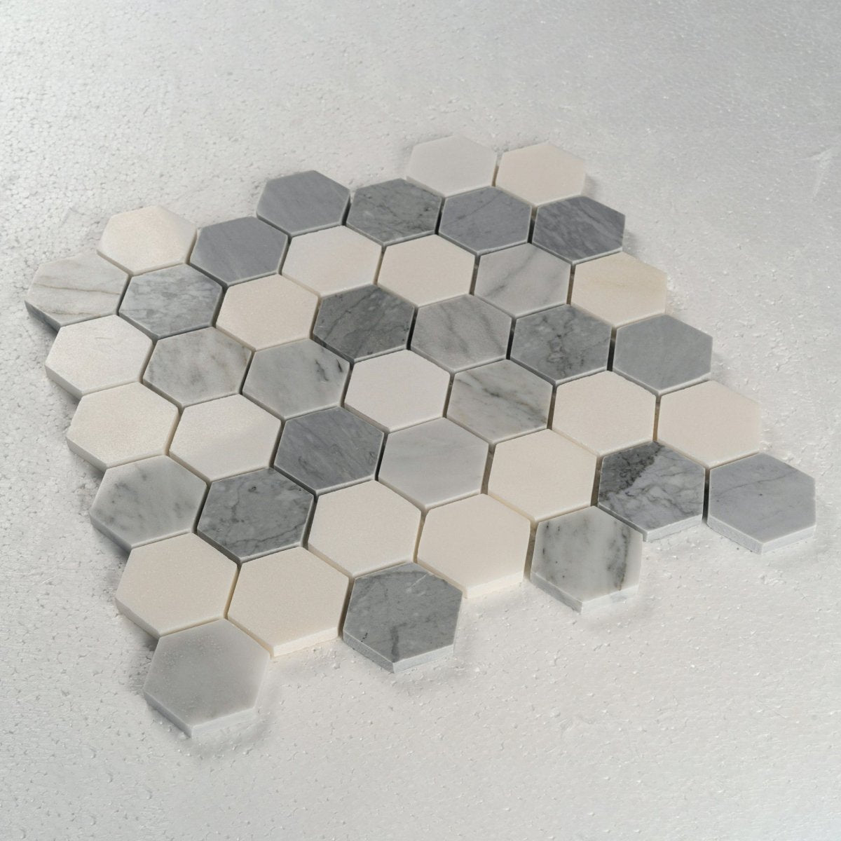 12 X 12 in. Eastern Gray and White 2 in. Hexagon Polished Marble Mosaic Tile - BUILDMYPLACE