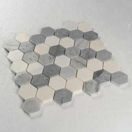 12 X 12 in. Eastern Gray and White 2 in. Hexagon Polished Marble Mosaic Tile - BUILDMYPLACE