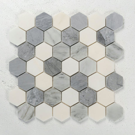 12 X 12 in. Eastern Gray and White 2 in. Hexagon Polished Marble Mosaic Tile - BUILDMYPLACE