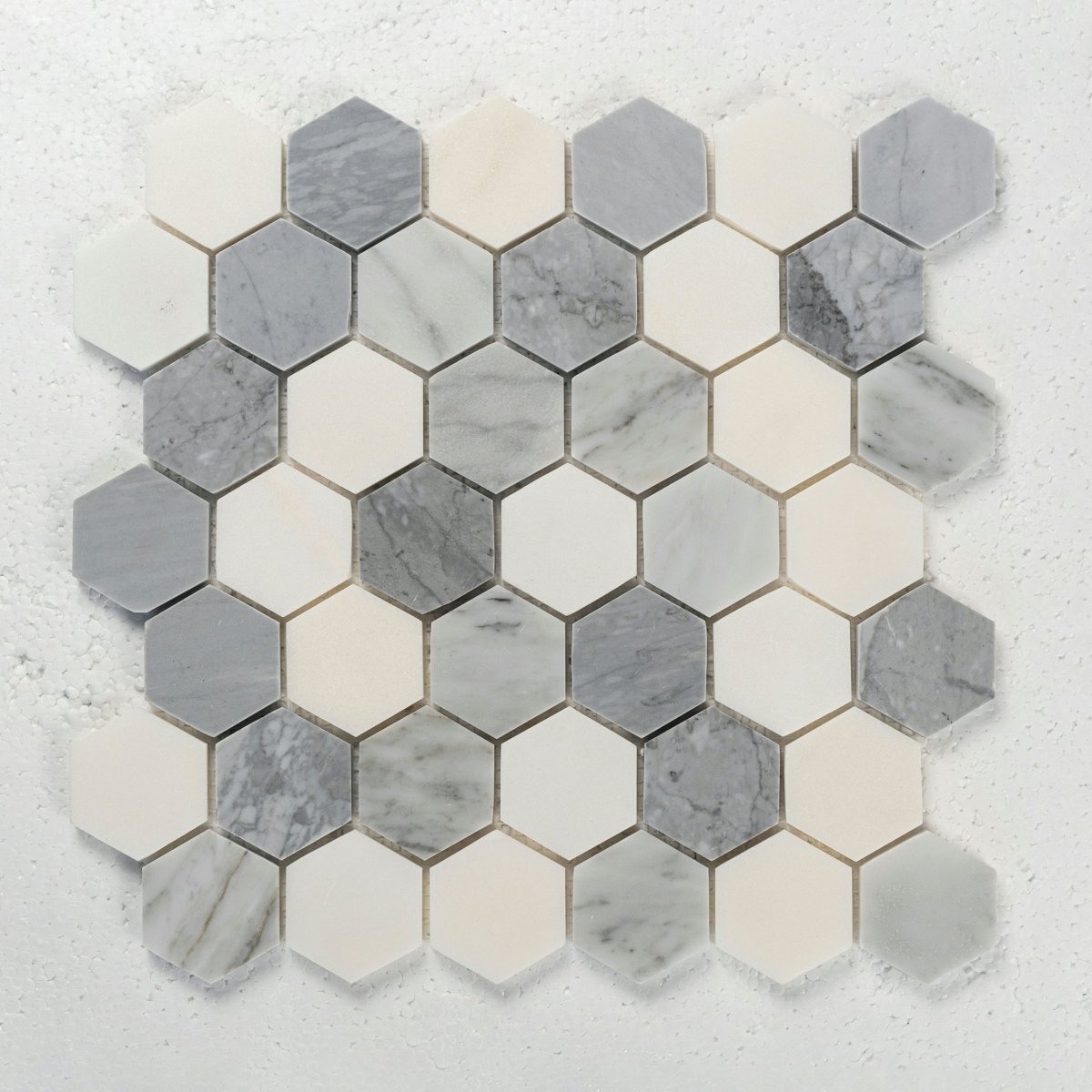 12 X 12 in. Eastern Gray and White 2 in. Hexagon Polished Marble Mosaic Tile - BUILDMYPLACE