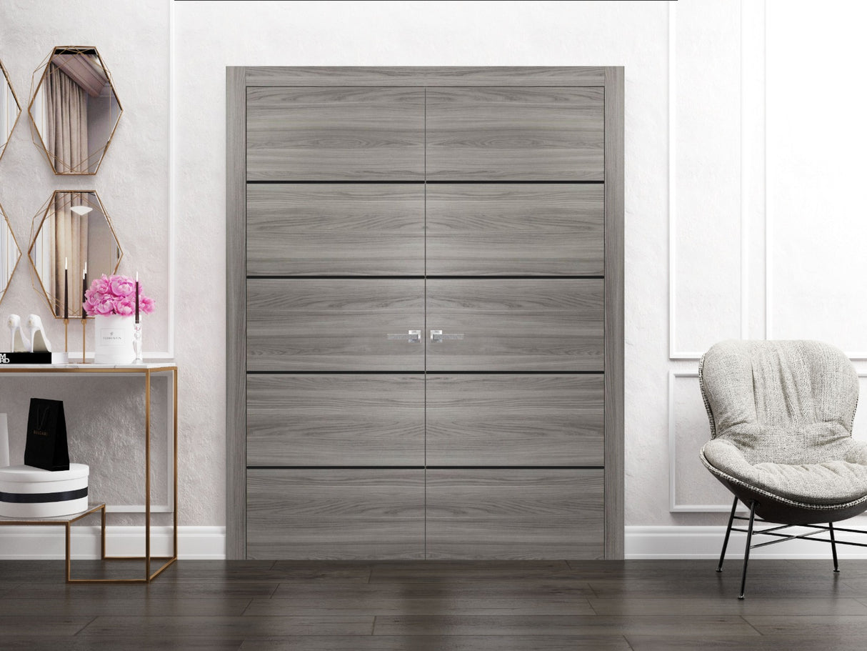 Solid French Double Doors | Planum 0015 Ginger Ash | Wood Solid Panel Frame Trims | Closet Bedroom