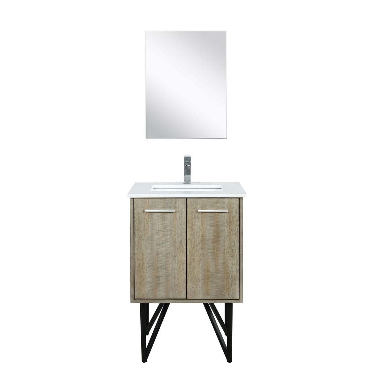 Lancy 24" Rustic Acacia Bathroom Vanity, White Quartz Top, White Square Sink, Monte Chrome Faucet Set, and 18" Frameless Mirror