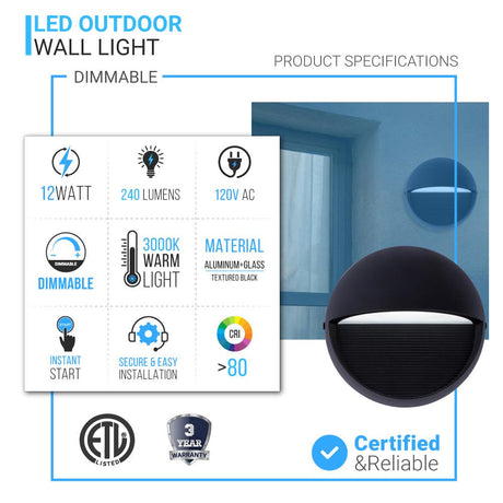 12W, Decorative LED Outdoor Wall Sconce, Half Round, Dimmable, ETL Listed, Frosted Glass Shade, Wet Location, 3000K/5000K, Deck Rail Lighting, Black - BUILDMYPLACE