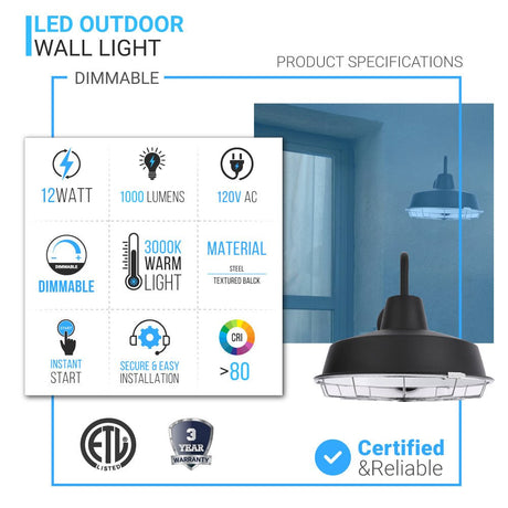 12W Textured Black Gooseneck LED Outdoor Wall Light with Nickel Cage, 3000K (Warm White), Dimmable, 1000 Lumens, ETL Listed - BUILDMYPLACE