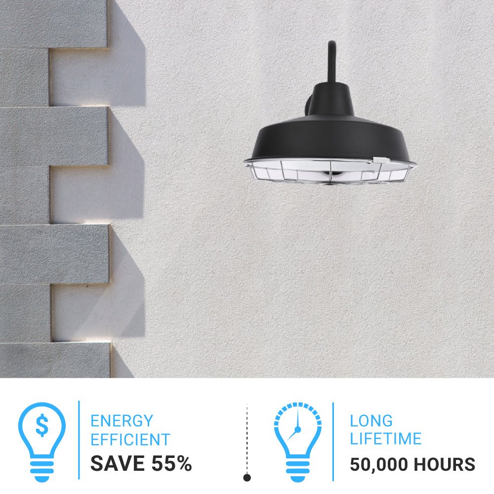 12W Textured Black Gooseneck LED Outdoor Wall Light with Nickel Cage, 3000K (Warm White), Dimmable, 1000 Lumens, ETL Listed - BUILDMYPLACE