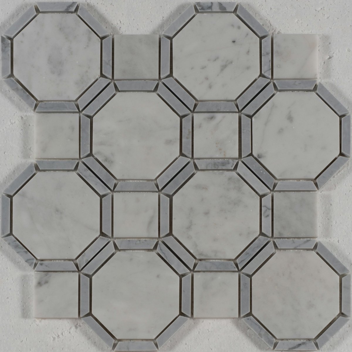 13 X 13 in. Gables Carrara Octagon White and Gray Line Polished Marble Mosaic Tile - BUILDMYPLACE