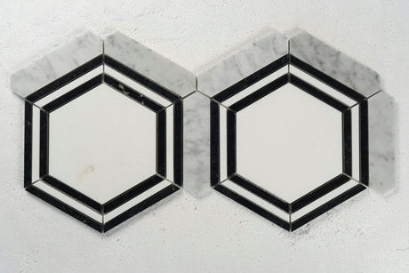 14 X 16 in. Carrara picket & Black Line Thassos Hexagon Waterjet Marble Mosaic Tile - BUILDMYPLACE