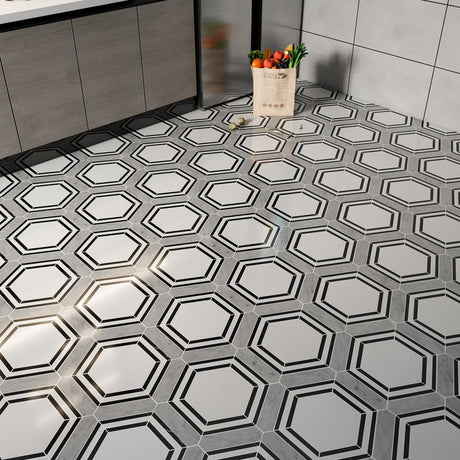 14 X 16 in. Carrara picket & Black Line Thassos Hexagon Waterjet Marble Mosaic Tile - BUILDMYPLACE