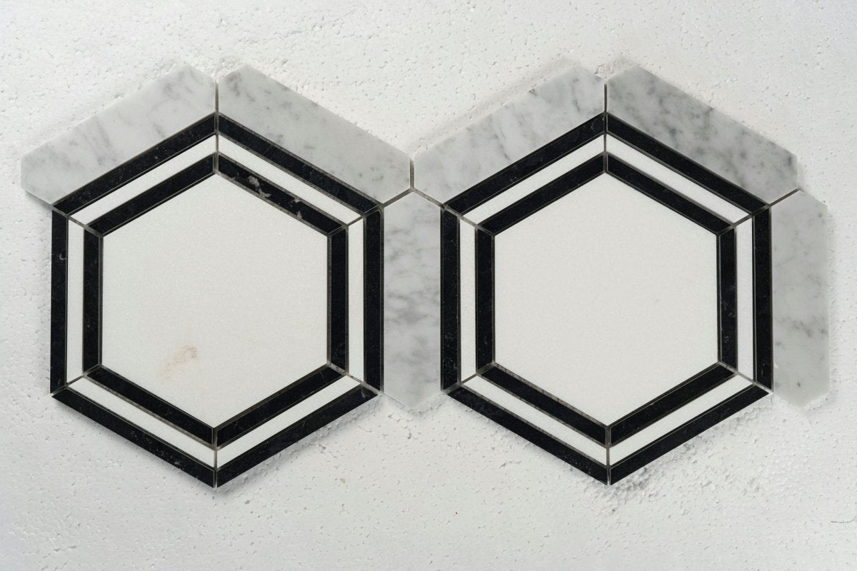 14 X 16 in. Carrara picket & Black Line Thassos Hexagon Waterjet Marble Mosaic Tile - BUILDMYPLACE