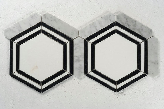 14 X 16 in. Carrara picket & Black Line Thassos Hexagon Waterjet Marble Mosaic Tile - BUILDMYPLACE