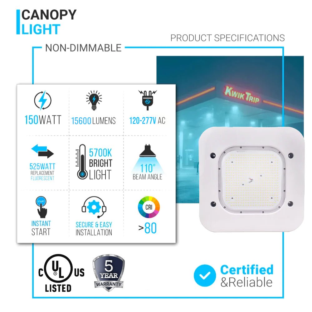 150W LED Canopy Light: 15600LM, 5700K, UL Listed for Damp/Wet Locations - Perfect for Gas Stations, High Bay Carports, Indoor Parking, Underpasses, Loading Docks - BUILDMYPLACE