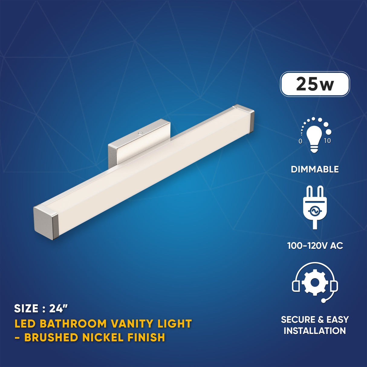 Bathroom Light Fixtures, Wall Mount, 24 inch/36 inch/48 inch, ETL Listed, Dimmable, Waterproof Vanity Lighting, Rectangle Shape