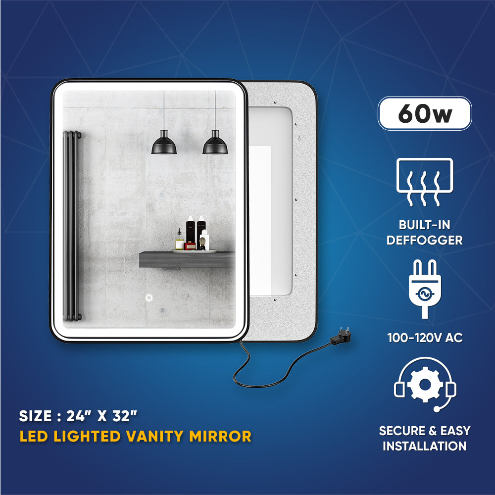 LED Lighted Bathroom Vanity Mirror With Shelf, Wall-Mounted, Touch Switch, Anti-Fog Adjustable Color Temperature & Remembrance, CRI 90+, Lighted Makeup Mirrors, Raven Style