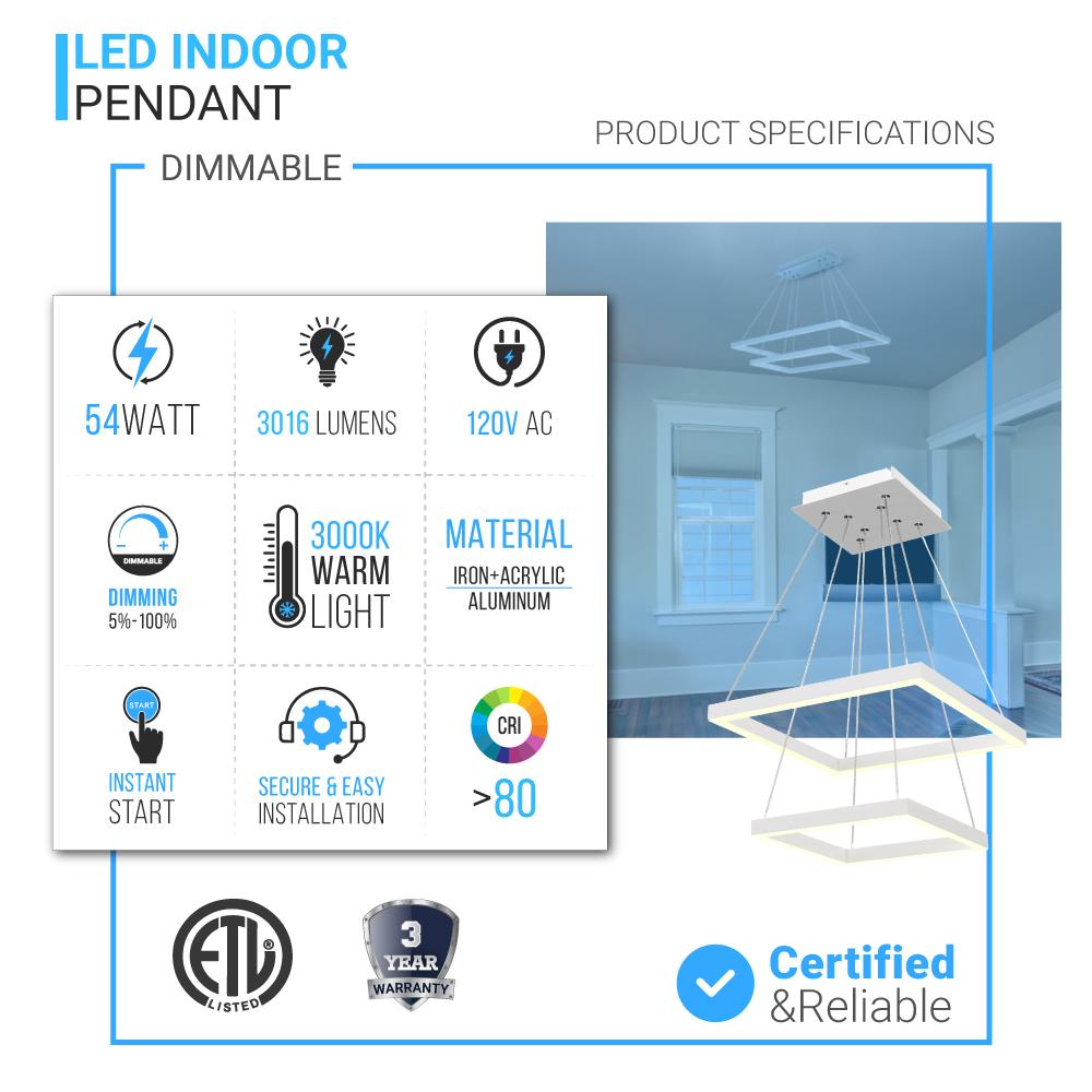 LED Pendant Light Fixture, Square, Double Ring, Dimmable, 3000K (Warm White) (P3111-53F)