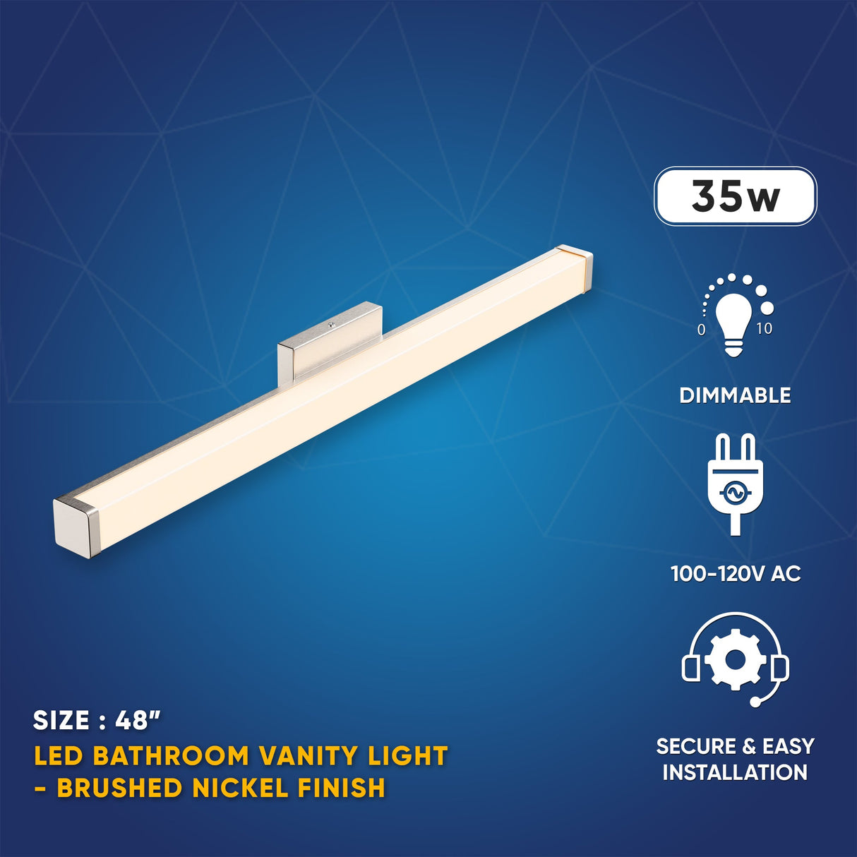 Bathroom Light Fixtures, Wall Mount, 24 inch/36 inch/48 inch, ETL Listed, Dimmable, Waterproof Vanity Lighting, Rectangle Shape