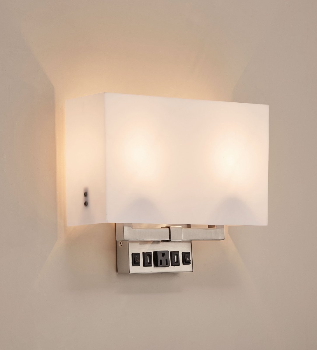 2 - Light, Wall Sconce for Bedroom with 2 Switch, 2 USB, 2 Type C & 1 Outlet, White Fabric / Acrylic Shade, Wall Mounted Lamps for Hotel, Corridor and Restaurant - BUILDMYPLACE