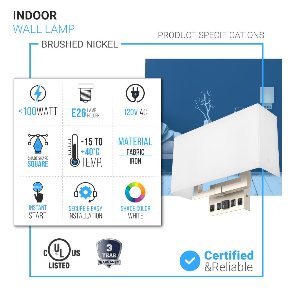 2 - Light, Wall Sconce for Bedroom with 2 Switch, 2 USB, 2 Type C & 1 Outlet, White Fabric / Acrylic Shade, Wall Mounted Lamps for Hotel, Corridor and Restaurant - BUILDMYPLACE